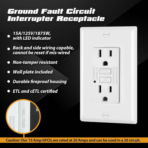 ELECTECK 2 Pack GFCI Outlets 15 Amp, Non-Tamper Resistant, Decor GFI Receptacles with LED Indicator, Ground Fault