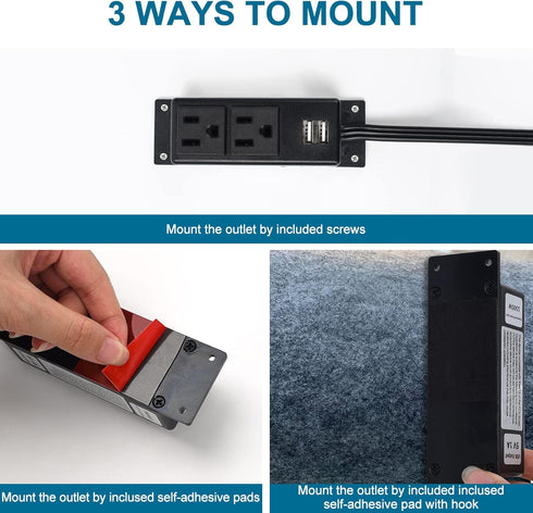 Litever 2 10 3-Prong Closet, Gun Safe Power Outlet Strip with USB Ports. FT Flat AC Cable with Removable Plugs. Outlet