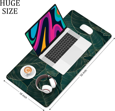 Large Desk Mat, 32" x 16" XXL Extended Gaming Mousepad, Cute Tropical Leaves Desktop Decor for Laptop & Keyboard