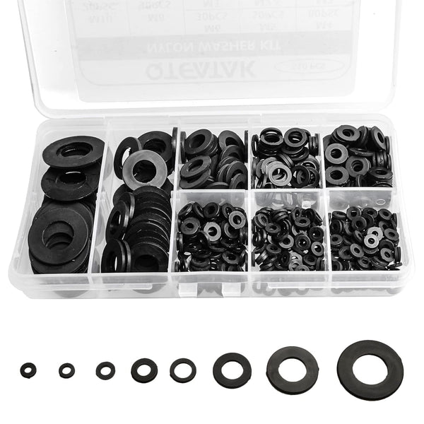 QTEATAK 510 Pcs Black Nylon Flat Washer Assortment Kit for Electrical Connections on Household & Commercial Appliances