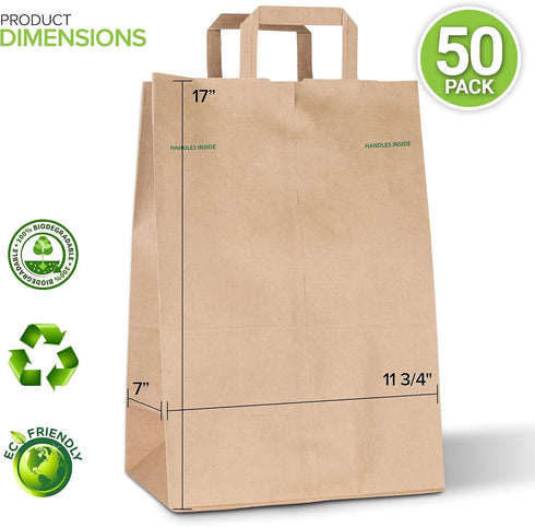 70 Lb (50 Count) Stock Your Home Kraft Brown Paper Bags with Handles - Kraft Brown Paper Grocery Bags Bulk - Large