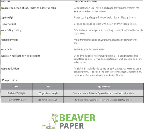 Beaver TexPrint DT Light - Replaces XP - High-Release Sublimation Paper for Epson Dye Transfer, 110 Sheet Pack (8.5" x
