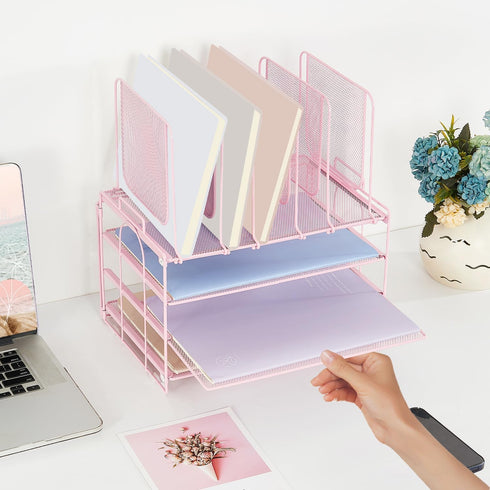 Desk Organizers and Accessories, 3-Tier Paper Organizer with 5 Vertical File Holders for Desk, Workspace Organization,