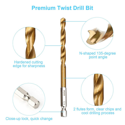 19PCS Premium Hex Drill Bit Set, Titanium Drill Bits Set, High Speed Steel Hex Shank for Wood