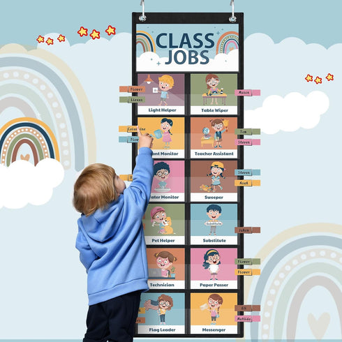 Pasimy 89 Pcs Class Jobs Pocket Chart, Boho Class Helpers Educational Management Chart for School