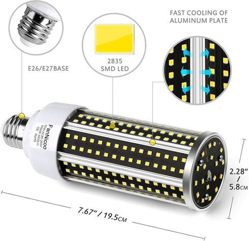 2 Pack LED Corn Light Bulb, 500W Equivalent, 5000 Lumen, 6500k Cool Daylight White, Large Area Bulb for Outdoor/Indoor