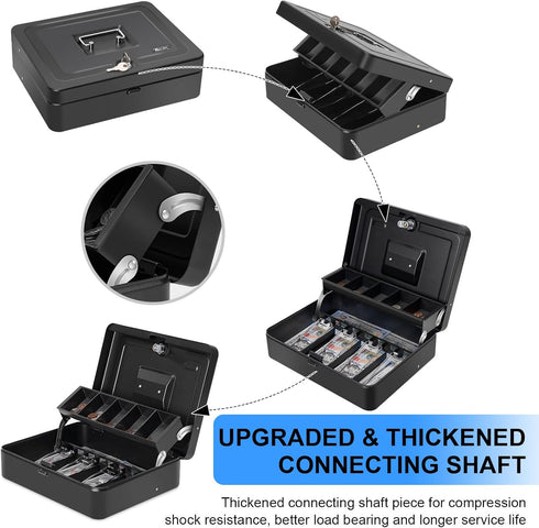 Cash Box with Key Lock on Top, 11.8L x 9.5W x 3.5H Inches, Durable Black Metal Money Box with Tray & 4 Bill Slots