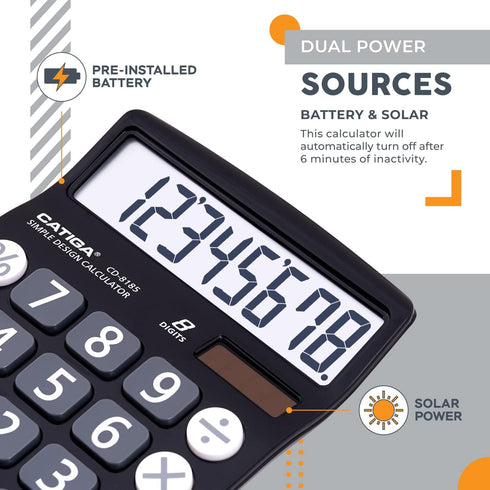 CATIGA 8 Digit Desktop Calculator with Solar Power, Easy to Read LCD Display, for Home, Office, School, Black