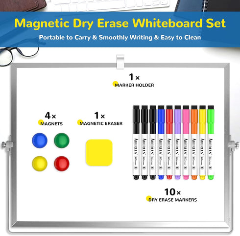 Dry Erase White Board, 16inX12in Large Magnetic Desktop Whiteboard with Stand, 10 Markers, 4 Magnets, 1 Eraser, Portable Double-Sided White Board Easel for Kids Memo to Do List Desk School by ABERLLS