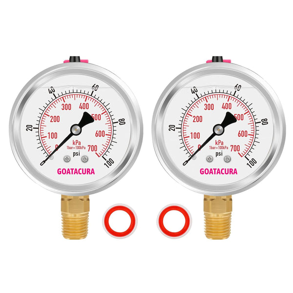 0 to 100psi Glycerin Filled Pressure Gauge, 2.5" Dial Size (2 Pack), Stainless Steel Case for Water Pump