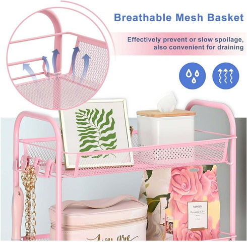 Generic 3 Rolling Cart Organizer Tier, Mesh Utility Cart with Wheels, Office School Storage Cart - Pink
