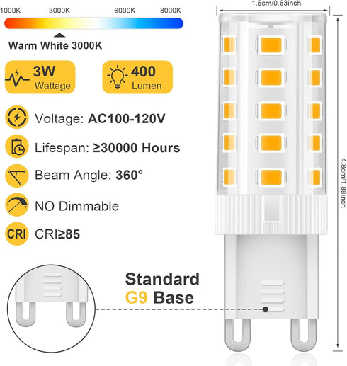 G9 LED Bulb Warm White 3W 3000K Non-Dimmable 30 Watt T4 Halogen Equivalent 120V No-Flicker Chandelier Lighting 400LM