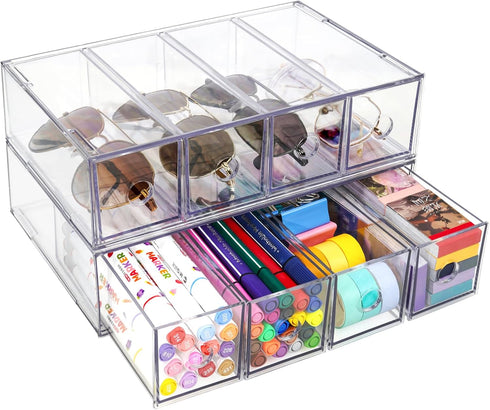 Desk Organizer with 8 Drawers, FODIENS 2 Packs Stackable Desktop Storage Box for Stationery Marker Pens