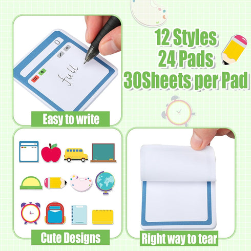 Yinder 24 Pads Teacher Sticky Notes, Cute Back to School Sticky Notes with Pencil, Ruler, Apple Shapes