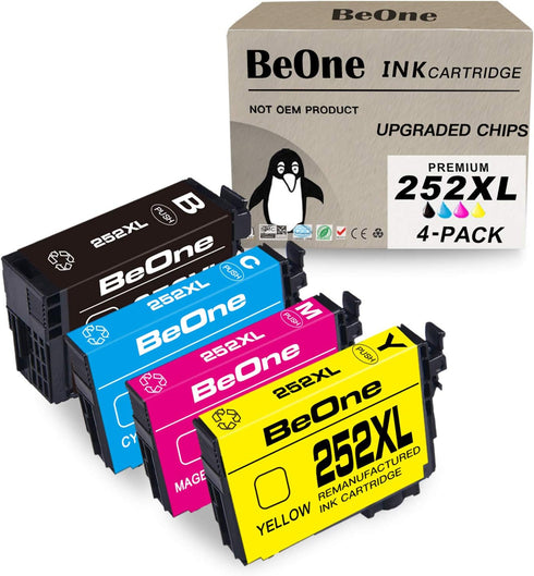 BeOne Remanufactured Ink Cartridges Replacement for Epson 252XL 252 XL T252 for Workforce WF-3620 (BK, C, M, Y)