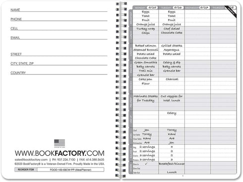 BookFactory Meal Planner Journal, Food Prep Log Book, Wire-O TransLux Cover, 106 Pages, 6'' x 9''