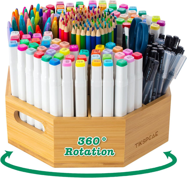TIKSPCAE 360 Rotating Art Supply Organizer, Holds 750+ Pencils, Bamboo Marker & Pen