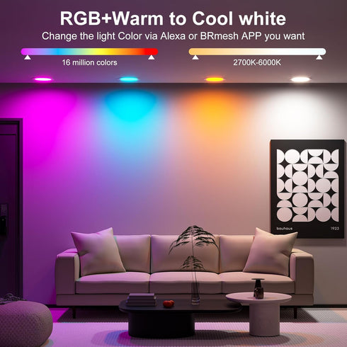 6 Inch 16W Box,1350 Scenes,Timer,23 Modes,1 Pack Smart Recessed Lighting RGBCW Color Changing LED Downlights