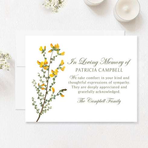 5.5x4.25 Sympathy Thank You Cards, Personalized Flat Funeral Thank You Cards with Yellow Flowers, Envelopes Included