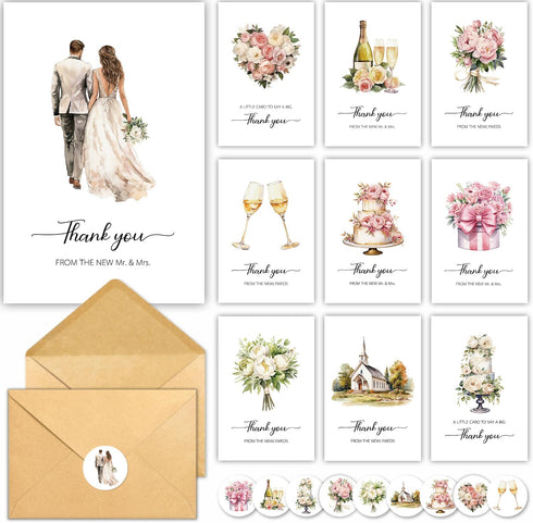 50 Pack Wedding Thank You Cards with Envelope, 10 Designs Notes Bulk