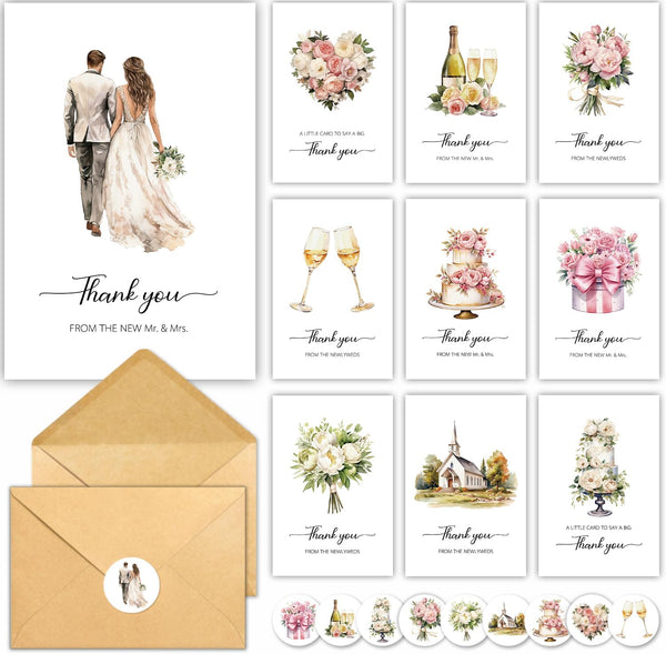 50 Pack Wedding Thank You Cards with Envelope, 10 Designs Notes Bulk