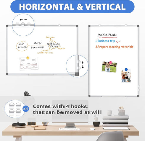 WALGLASS Magnetic White Board, 36" x 24" Double-Sided Dry Erase Board for Wall, Horizontal or Vertical, Silver