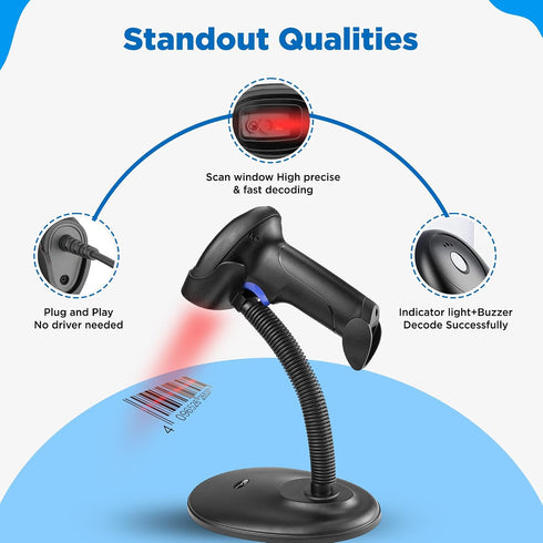 Generic 1MP 2D Barcode Scanner with Stand, Code Reader with Image Sensor, Barcode Scanner for Multi Purposes & Wired