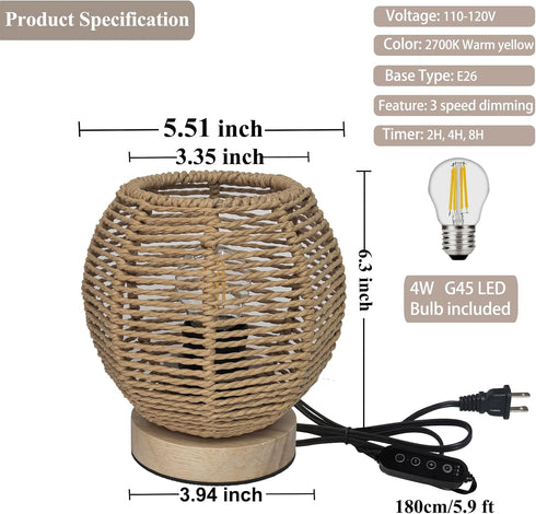 2700K G45 Bulb Rattan Table Lamp, Mini Boho Lamp, Vintage Wicker Nightstand Small Lamps with Wood Base, Bohemia Woven