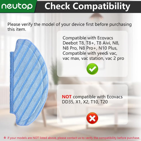 neutop Replacement Washable Mopping Pads for Ecovacs Deebot T8, T8+, N8, N8 Pro, 8-Pack Robot Vacuums