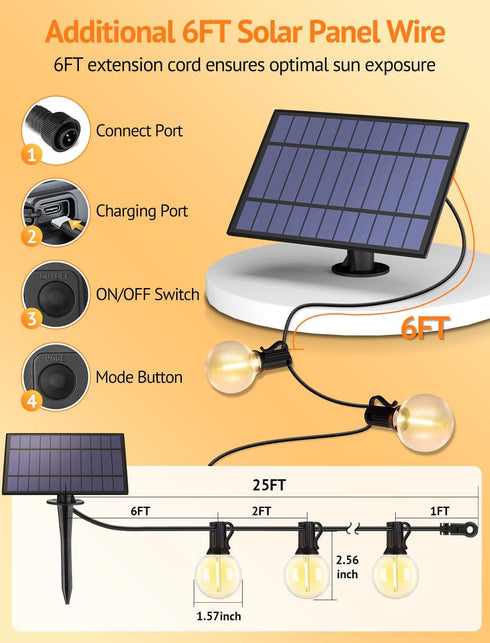 25FT Dimmable 3 10+1 G40 Bulbs Larkvue Solar String Lights Outdoor with Remote, Waterproof Modes Patio Lights with LED