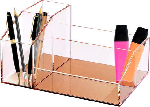 Clear Acrylic Makeup Brush Organizer with Metallic Rose Gold Base, 4 Compartment Office Organizers for Desk and