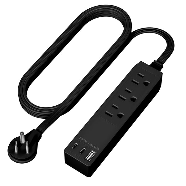 LIDER Outlet Extender with 3 Receptacles, USB Type-A and 2 USB Type-C Ports, Ultra-Thin Flat-Plug, 5ft Cord, Black