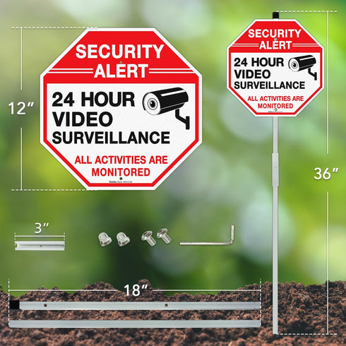 36" 2-Pack 12"x12" 2 Faittoo Security Sign Video Surveillance Sign with Stake for Outside, Rust Free Heavy Aluminum