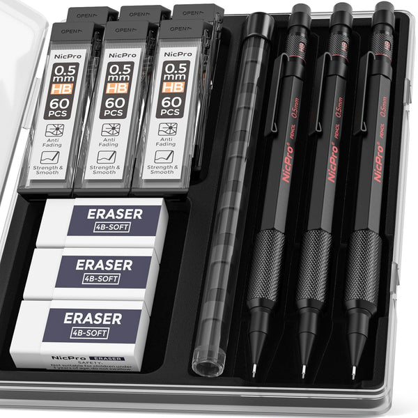 Nicpro 0.5 mm Mechanical Pencil Set with Case, 3PCS MP2000 Metal Artist Pencil with Lead Refills