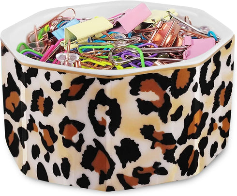 Ceramic Paper Clip Holder - Gold Line Paper Clip Dispenser Organizer for Desk, Cute Leopard Office Binder Clip Holder