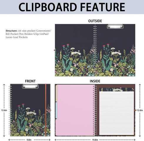 Rimilak Spiral Clipboard Folio with Refillable Lined Notepad, 14.5 x 9.8Inch, Hardcover Clipboards with 5 Interior Pockets, Elastic Band and Pen Loop Series. Cute Stylish Clipfolio, Daisy Flower by Rimilak
