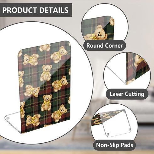 J JOYSAY Holiday Teddy Bears Plaid Print Acrylic Bookends L Shaped Decorative Book Holders Stopper with Non Slip Pads