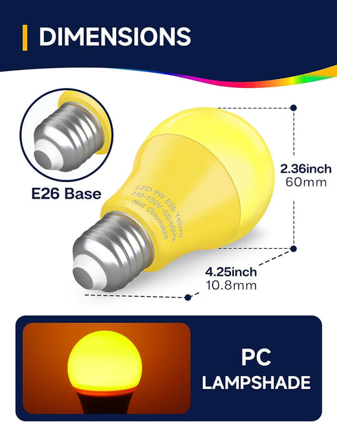 Yellow LED Bug Light Bulbs, A19 Outdoor Yellow Bug Light Bulb, 9W Equivalent 60W, Yellow Bug Light Bulbs for Outside, E26 Base for Porch, Holiday Party Decoration, Non-Dimmable, 4 Pack by UNILAMP