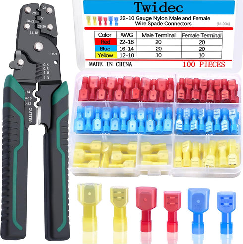 Twidec 100PCS Nylon Spade Connectors Kit, 22-10 Gauge Quick Disconnect Fully Insulated Male and Female Terminals