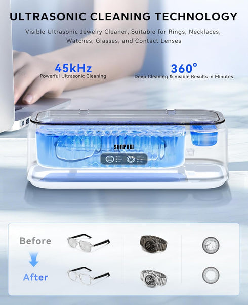 45kHz 45dB, SUNPOW Ultrasonic Jewelry Cleaner Machine Dual Chambers for Contact Lenses & Jewelry, Sonic Cleaner