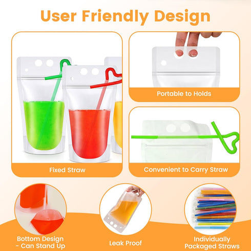 SWHOMIE 100 17oz PCS Drink Pouches with Straws Individually-Wrapped, Reusable Juice Pouches, Party Drink Containers