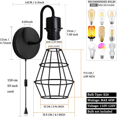 E26 Bulb Plug in Wall Sconce with On/Off Switch Wall Mount Light Fixture with Cord, Black Metal Wire Cage Lampshade