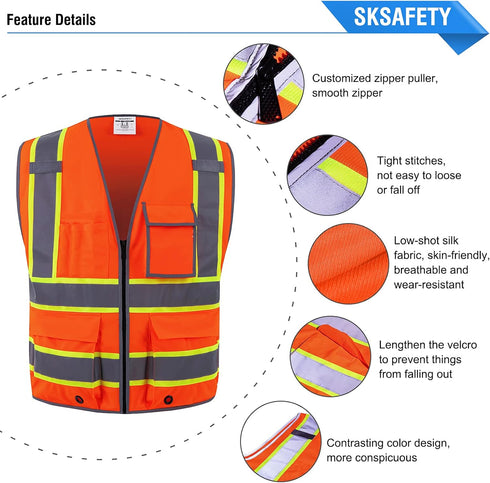 SKSAFETY Class 2 High Visibility Safety Vest with 10 Pockets, Zipper, Reflective Strips for Men & Women (Orange, M)
