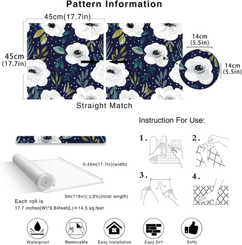 HAOKHOME 93245-3 Peel and Stick Floral Wallpaper 17.7in x 9.8ft Navy/White/Blue