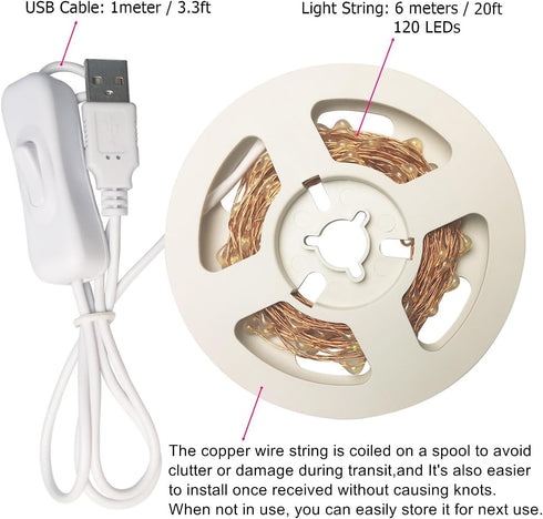 20 120 RUICHEN Ft LED USB Fairy String Lights with On/Off Switch, Waterproof Copper Wire Lights for Bedroom Wall