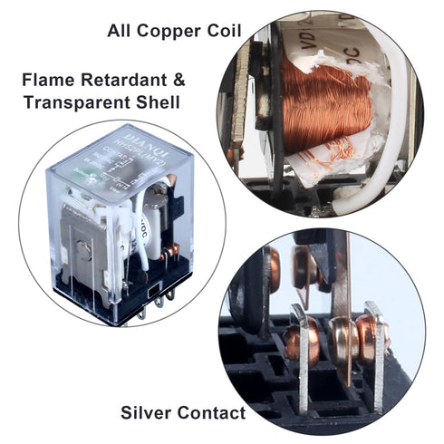 2Pcs HH52P 12VDC 8-Pin 5A Coil Electromagnetic Power Relay - DPDT 2NO+2NC with LED Indicator Light, Base DIN Slotted