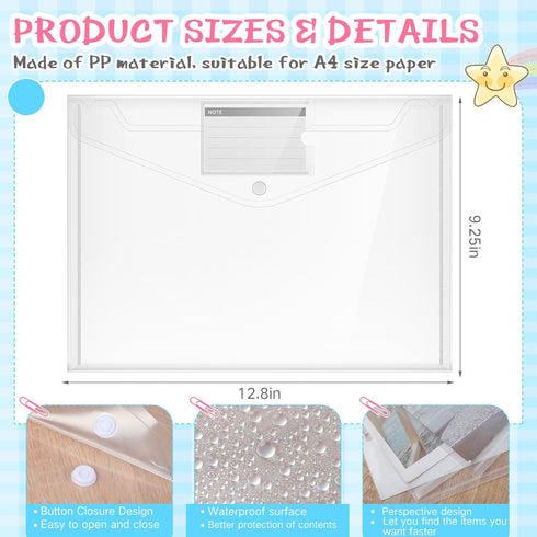 Zhehao 100 Pcs Clear A4 Letter Size Envelopes with Snap Button Closure, Poly Document Folders for School Office