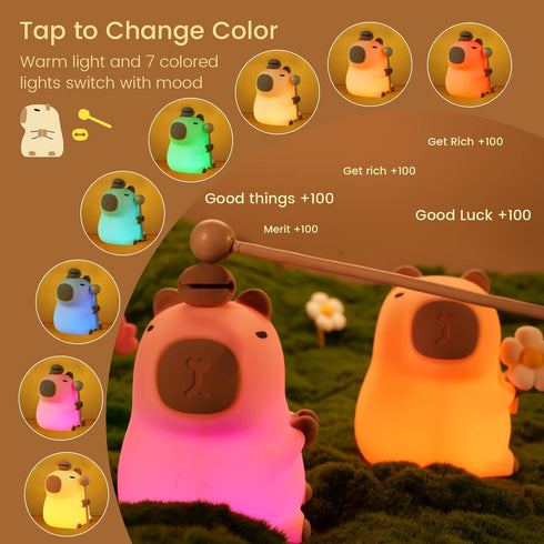 7-Color 3-Level Dimmable, 30Min 100% Capybara Night Light, Nursery Lamp, RGB & Warm Tap Control, Timer, Safe &Soft