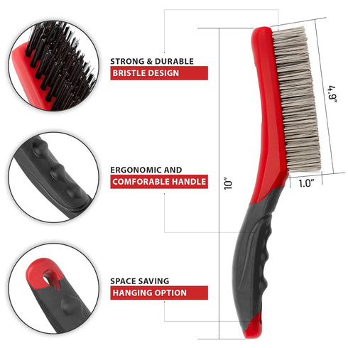 Set-Heavy 10 Inches, (Pack 2-Red) Lavaxon Wire Brush Duty Stainless & Carbon Steel Bristles with Plastic Handle Grip