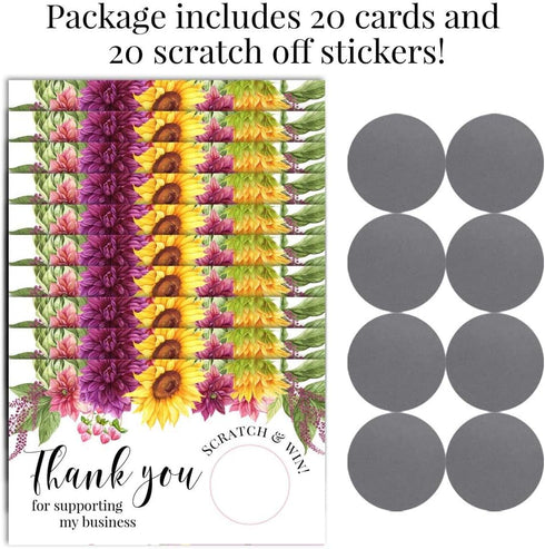 Sunflowers & Dahlias Floral Scratch & Win Package Inserts, 20 Single Sided Insert Cards for Small Businesses